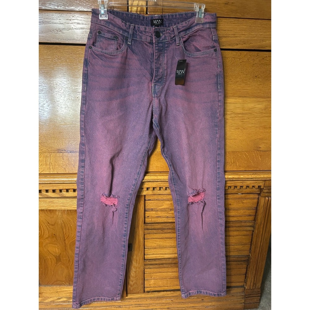 boohooMAN Mens Y2K Grunge Relaxed Rigid Tinted Jeans Pink Purple Ripped Knee